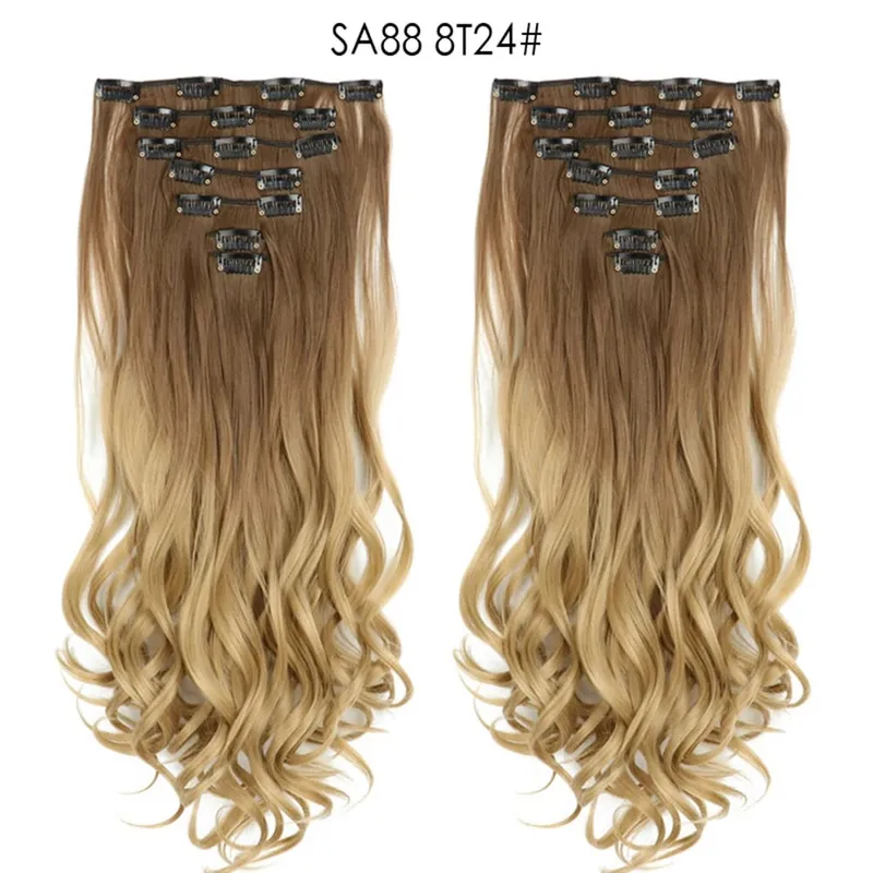 22Inch Curly 16 Clips in Hair Extension Ombre Blue Gray Synthetic Fake Hairpieces Highlight Heat Resistent Fiber For White Women