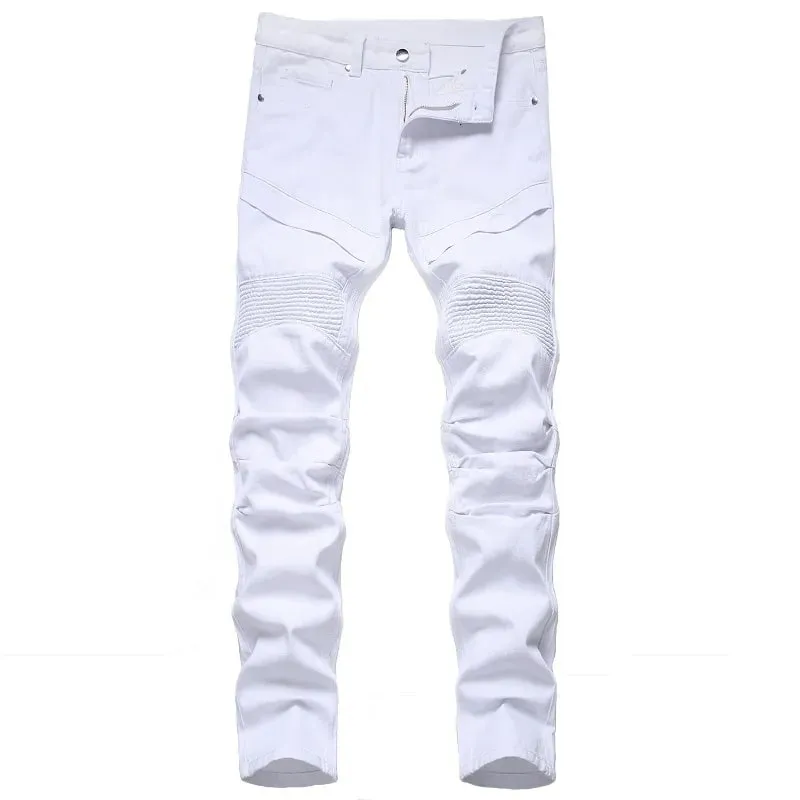 Men's Biker Jeans Black White Pleated Denim Pants Plus Size Slim Straight Classic Trousers