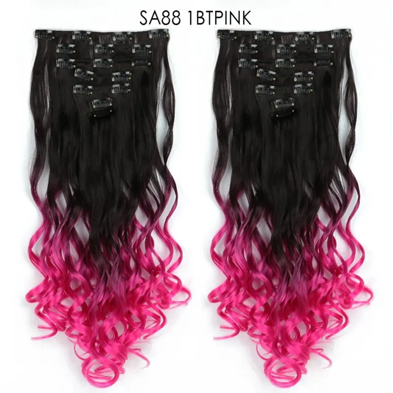 22Inch Curly 16 Clips in Hair Extension Ombre Blue Gray Synthetic Fake Hairpieces Highlight Heat Resistent Fiber For White Women