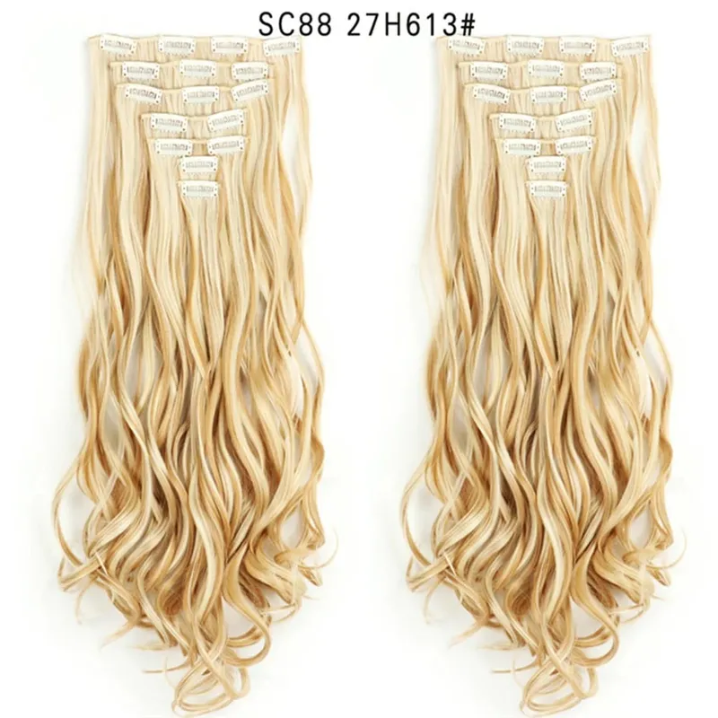 22Inch Curly 16 Clips in Hair Extension Ombre Blue Gray Synthetic Fake Hairpieces Highlight Heat Resistent Fiber For White Women