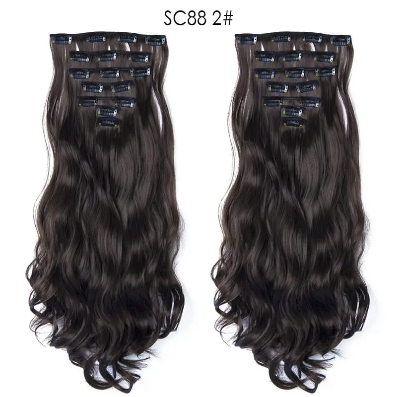 22Inch Curly 16 Clips in Hair Extension Ombre Blue Gray Synthetic Fake Hairpieces Highlight Heat Resistent Fiber For White Women