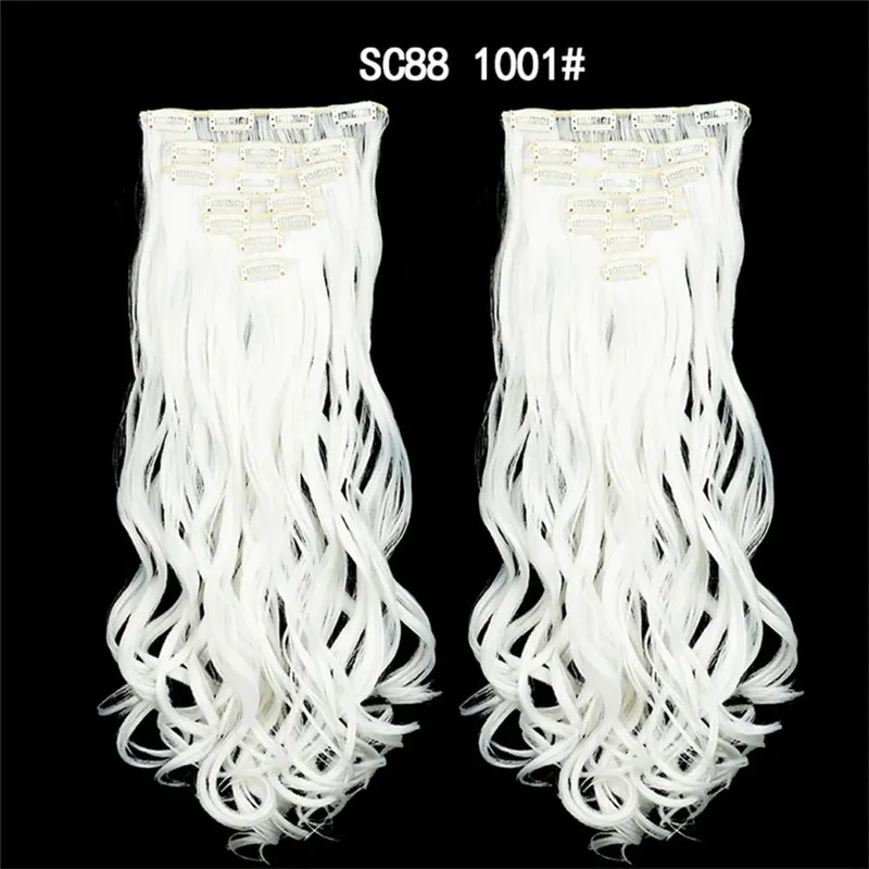 22Inch Curly 16 Clips in Hair Extension Ombre Blue Gray Synthetic Fake Hairpieces Highlight Heat Resistent Fiber For White Women