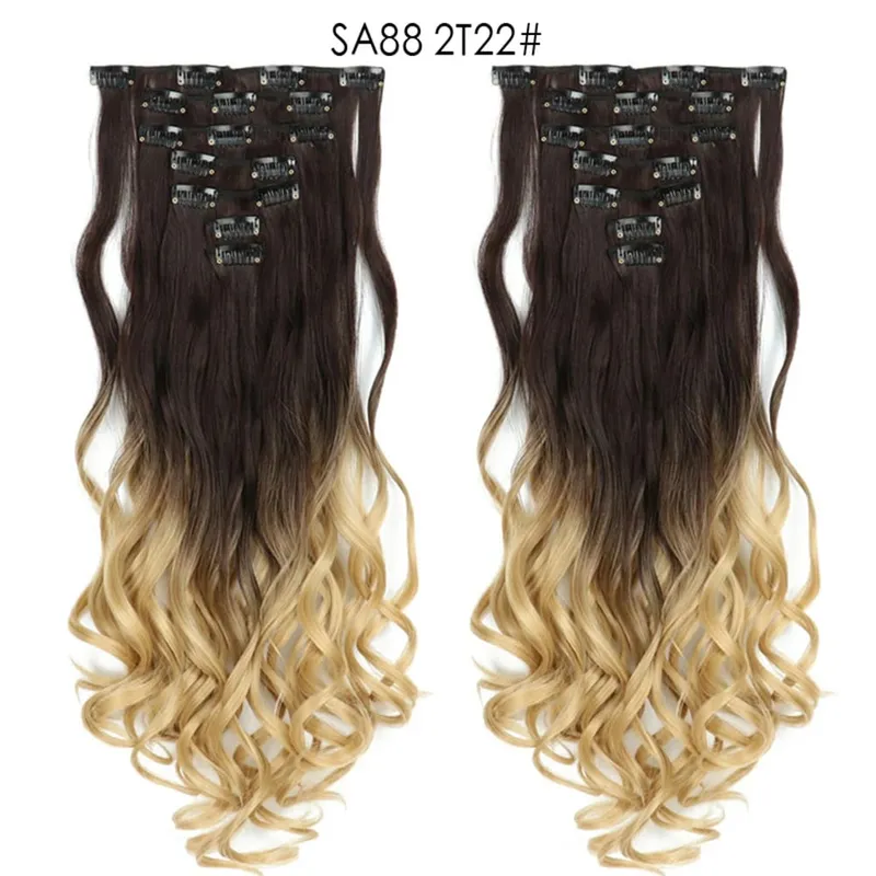 22Inch Curly 16 Clips in Hair Extension Ombre Blue Gray Synthetic Fake Hairpieces Highlight Heat Resistent Fiber For White Women