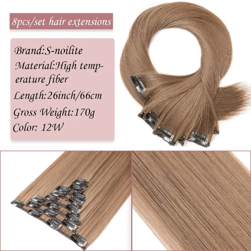 S-noilite Synthetic Clip In Hair Extensions Long Straight Clip In 8pcs/set Hairpieces 26inch Pure Color Pale Blonde Clip In Hair