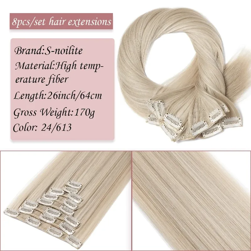 S-noilite Synthetic Clip In Hair Extensions Long Straight Clip In 8pcs/set Hairpieces 26inch Pure Color Pale Blonde Clip In Hair