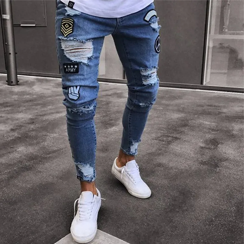 Heren stretchy gescheurde skinny biker borduurwerk cartoon print jeans vernietigd gat slim fit denim hoge kwaliteit hiphop zwarte jeans — image 8