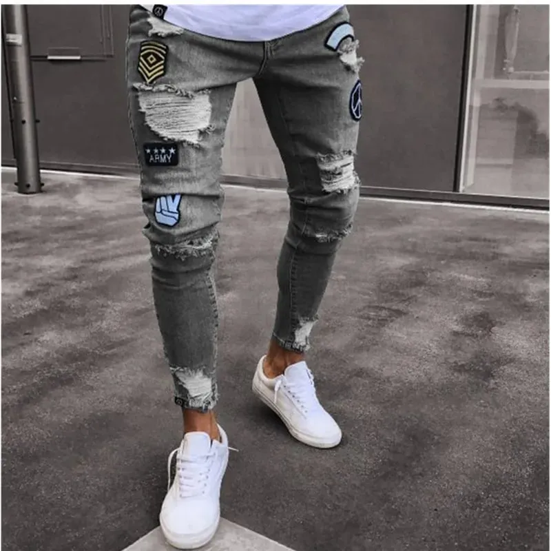 Heren stretchy gescheurde skinny biker borduurwerk cartoon print jeans vernietigd gat slim fit denim hoge kwaliteit hiphop zwarte jeans — image 7