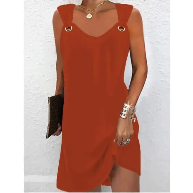 Women Summer Casual Dresses 2025 Elegant Simple Style Solid Color Metal Button V-neck Sleeveless Dress Female Sexy Midi Vestidos