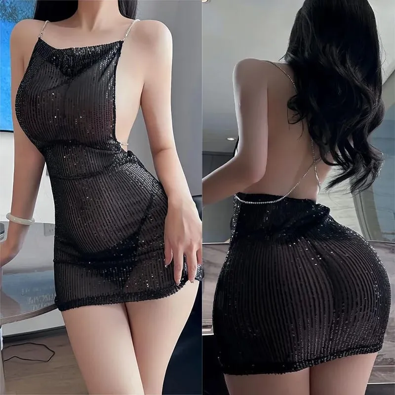 Đầm Chặt treo hông ôm váy ngắn kim sa lấp lánh quần áo nữ Đầm Dự Tiệc người phụ nữ cô gái gợi cảm cao su nữ quần áo xxx