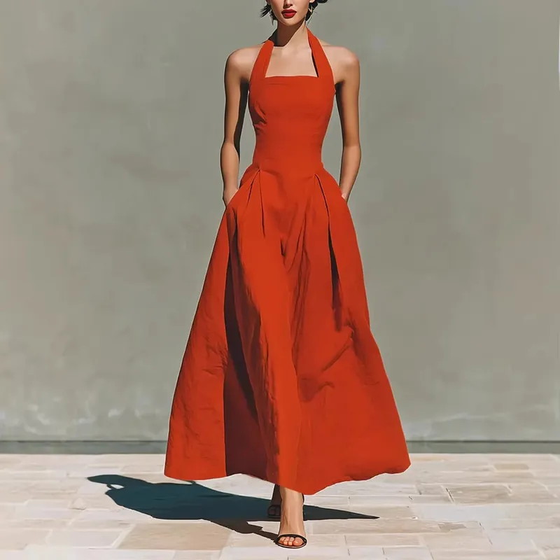 2026 Women's Spring and Summer Neck-Hanging Linen-Style Leisure Fashion Fitting Pocket Dresses