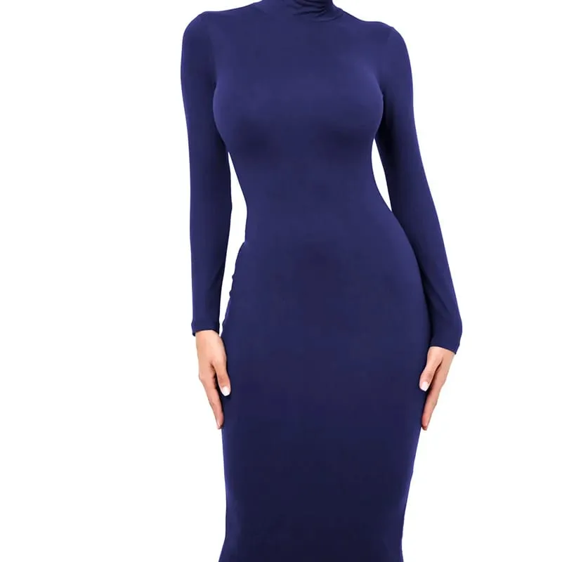 Vinter Svart Turtleneck Sexig Damklänning Höst Långärmad Skinny Midi Boydcon Casual Blå Plysch Knälång Party Club