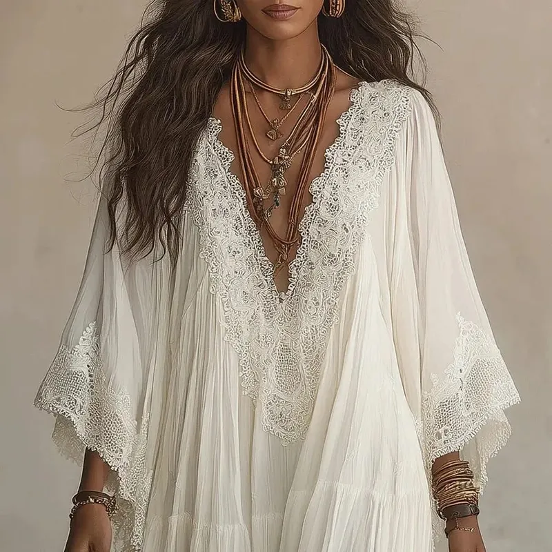 Summer Elegant Solid Dresses Womens Casual Lace Trim V Neck Flowy Maxi Dress Beach Holiday Party Maxi Dresses Robe Vestidos