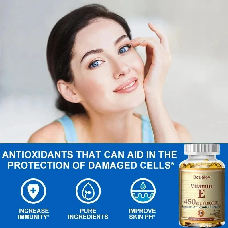 Campuran Bcuelov Vitamin E 450MG (1000 IU) Mendukung Sistem Kekebalan Tubuh & Nutrisi Kulit - Antioksidan Alami - Bebas Gluten & Susu