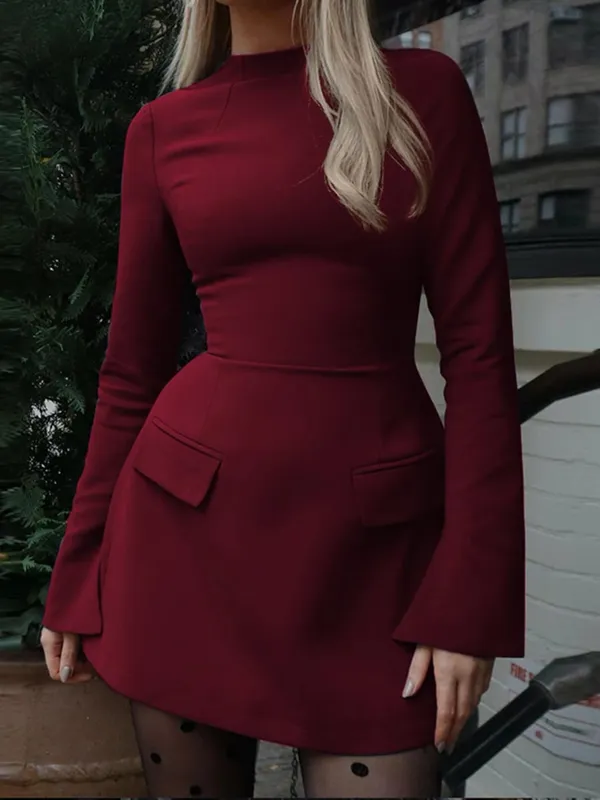Dulzura Long Sleeves Zipper Bodycon Mini Dress With Pocket Solid Elegant Outfit Office Streetwear Women’S Autumn Winter Clothes