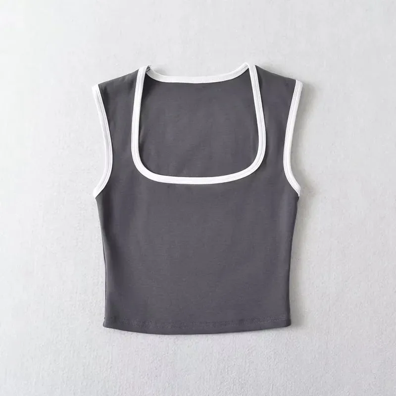 Woman Fashion Slim Solid Contrust Camis Casual Sleeveless Tanks Square Collar Crop Tops Clothing Streetwear Mujer 2024 Y2k
