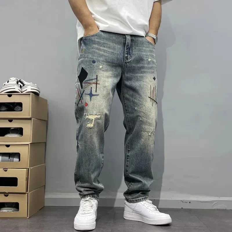Trendy Edgy And Stylish Men's Jeans With Patchwork Embroidery And Prints Loose-fitting Straight Leg — image 1