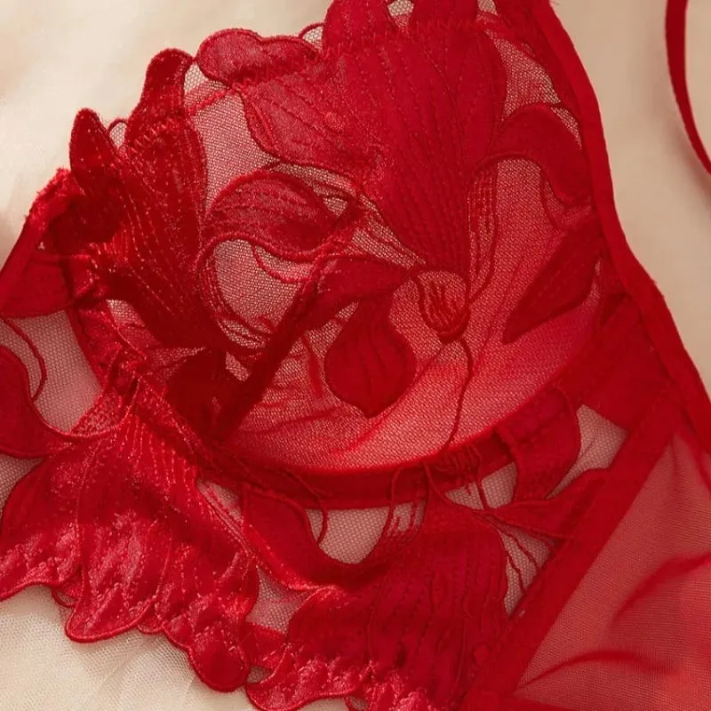 Frauen Rot Floral Spitze Dessous Set Sheer Bügel Dünnen Bh Passenden Tanga Höschen Sexy Hohl Dessous