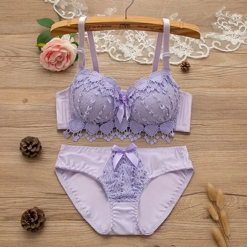 Women Wireless Lingerie Set Tassel Lace Bow Decor Push‑Up Bra & Panty Suit Adjustable Straps Ladies Intimate Underwear 32-38