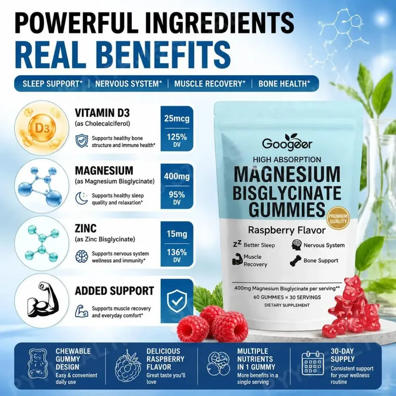 Magnesium Bisglycinate Gummies for Bone Muscle Sleep Support Nervous System Wellness with Vitamin D3 and Zinc 60 Gummies