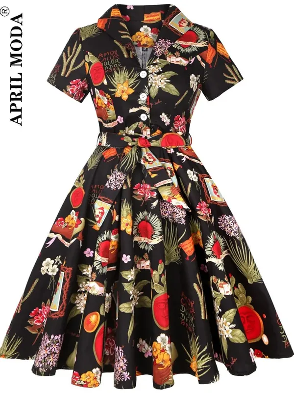 2026 Robe De Cocktail Pinup Rockabilly Dress Midi Cotton Tunic Jurken Causal Vintage 60s 1950s Big Swing Summer Party Sundress