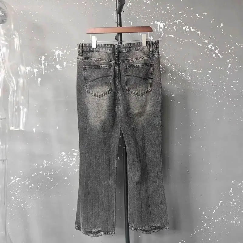 Distressed Niche Design Black Grey Micro Flared Jeans Men's Loose Trend Straight Hole Bottom Casual Denim Trousers 28W5868 — image 5