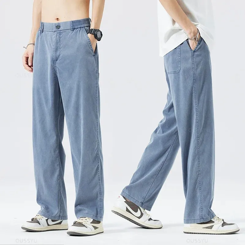 Summer Soft Lyocell Fabric Men's Jeans Thin Loose Straight Pants Drawstring Elastic Waist Korea Casual Trousers Plus Size M-5XL — image 15