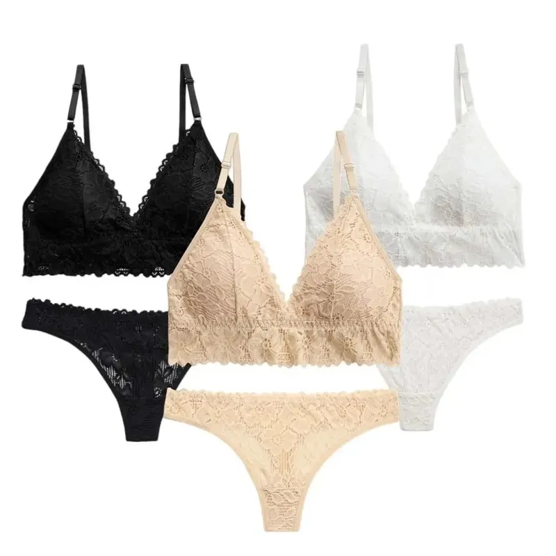 Sweet V Neck Lace Flower Bra Set Solid Color Thong Floral Panties Bra Kit Low Waist Lingerie Lace Underwear Romantic Night