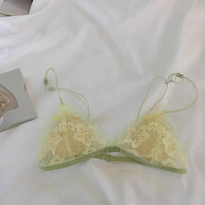 French Romantic Flower Embroidery Sexy Women's Bra Set Thin Straps Lace Seamless Underwear Set Mesh Hollow Out Lingerie