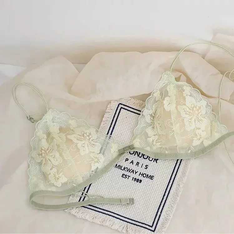French Triangle Cup Bralette Embroidered Lace Wireless See Through Hollow Out Sexy Pure Desire Lingerie Set MOYISU Sexy Tushy