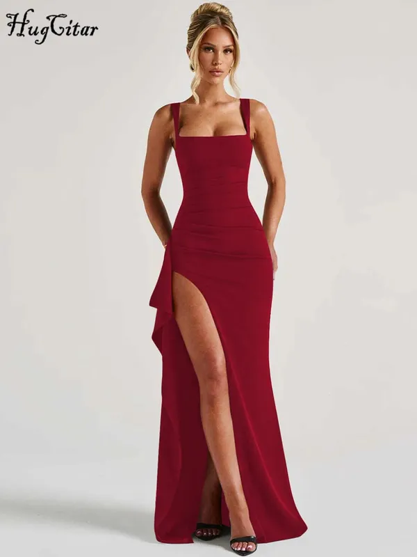 Hugcitar Women Elegant Solid Straps Slit Ruched Patchwork Sexy Bodycon Maxi Dress Summer Outfits Evening Party Birthday Festival
