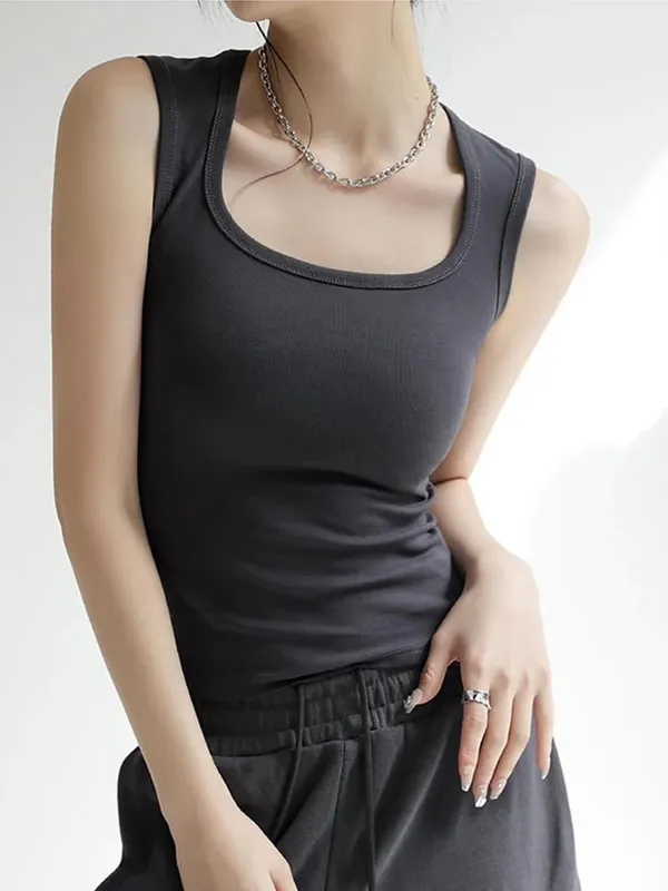 Women Solid U Neck Ribbed Tank Top Camisole Women Summer Basic Elastic Tank Top U Neck Solid Tank Top — image 10