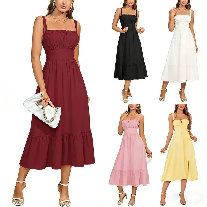 New Summer Fashion Women's Dresses Solid Square Neck Cami Ruched Corset Waist Midi A-Line skirts Elegant Summer Party Dress Y2K