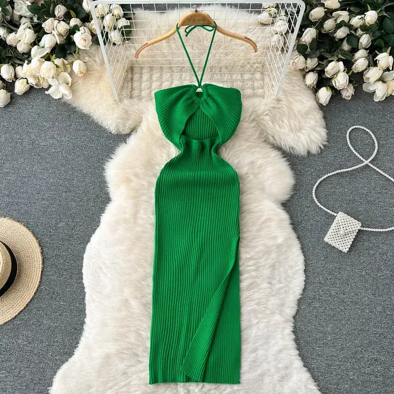 YuooMuoo elegante moda Sexy paquete caderas dividido vestido de verano de punto 2025 mujeres ajustado vestido ajustado elástico vestido de fiesta ropa de calle traje