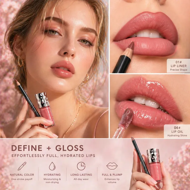 Dairy Lip Kit Set-1pc Matte Lip Liner+1pc Hydrating Lip Gloss Assorted Color Velvet Definition&Glassy Shine Nourishing Formula
