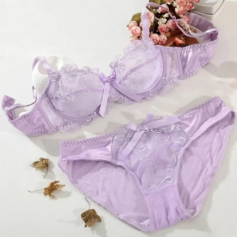Sutiã e calcinha feminino bordado francês renda bralette sem fio triângulo copo sutiã elegante alças finas pequena capa de peito lingerie