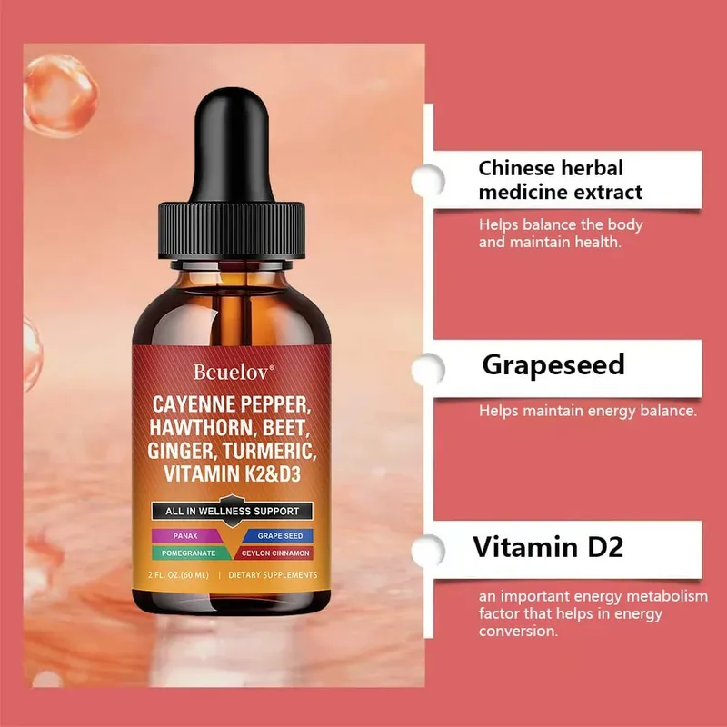 Cayenne Pepper Liquid Drops + Hawthorn Vitamin D3 K2 Ceylon Cinnamon Turmeric Organic Ginseng Supplement for Gut Health