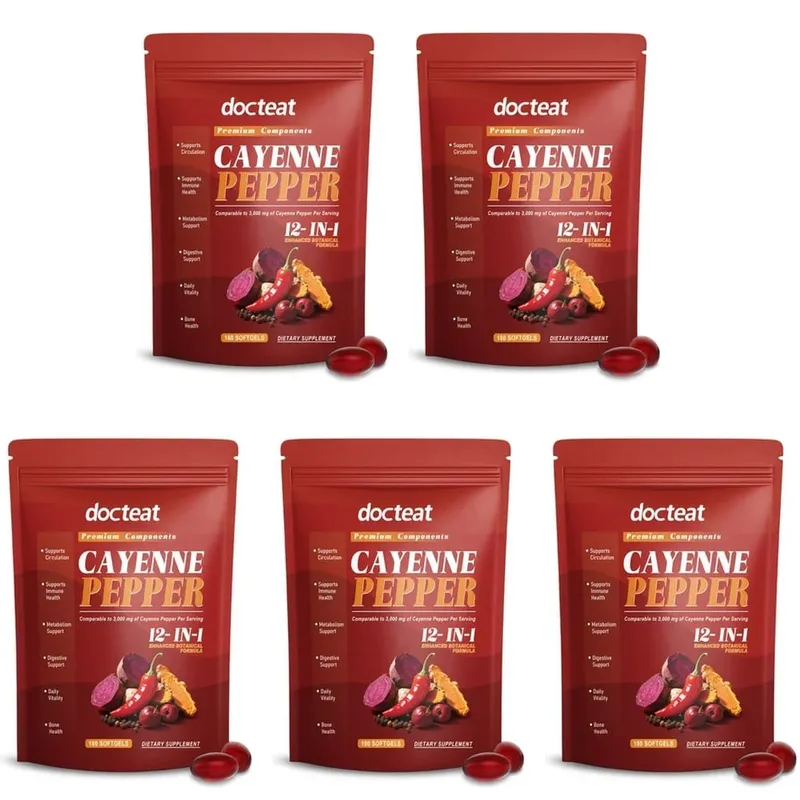 Docteat Cayenne Pepper 12-in-1 소프트젤 베르베린 및 흑후추 추출물 함유 면역 건강 및 뼈 지원 180 소프트젤