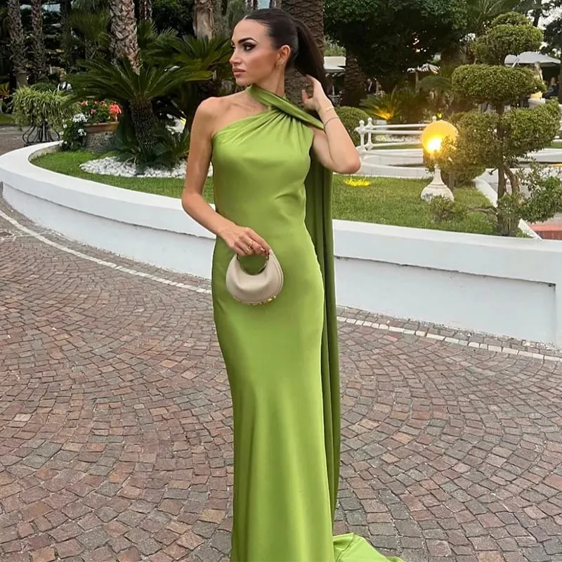 Ribbon Hanging Neck Long Dresses Slanted Shoulder Lace Up Backless Silky Satin Temperament Slim Fit Halter Woman Fishtail Dress