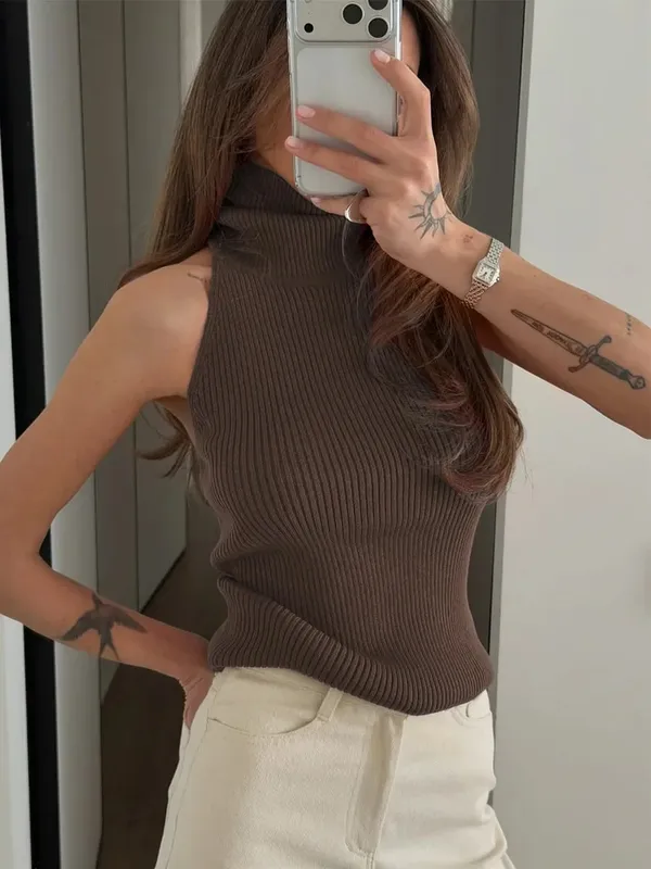 Solid Color Knit Sleeveless Tank Top Women High Neck Backless Slightly Fitted Cropped Vest Minimal Daily Fashion Casual Outfit