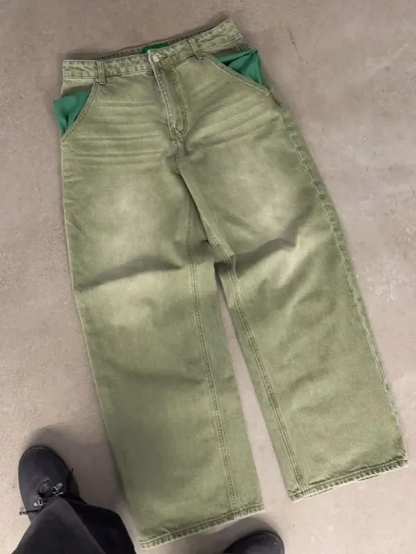 Mens Straight Leg Wide Leg Casual Streetwear Fashion Jeans Matcha Green Washed Gradient Denim Pants Harajuku Unisex Loose Fit