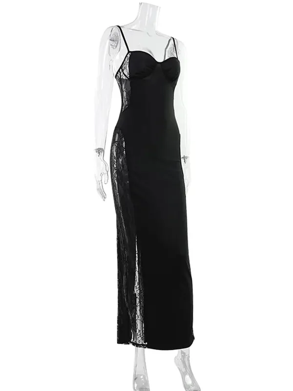 Lace Patchwork Camisoles Solid Split Women Dresses Hip Wrap Sheath Fashion Chic Party Outfits Sexy Club Trendy Female
