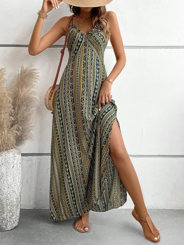 Women's Summer Ethnic Pattern Backless Split Thigh Dress Ladies Summer Clothes Boho Fashion Frill Trim Long Dress for Beach — image 2