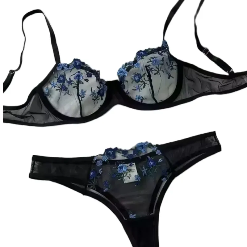 Erotic Embroidery Blue floral fragments Lace Babydoll Sensual Lingerie Bra Set For Women Underwear Intimate Sexi Panty Set 2024 — image 2