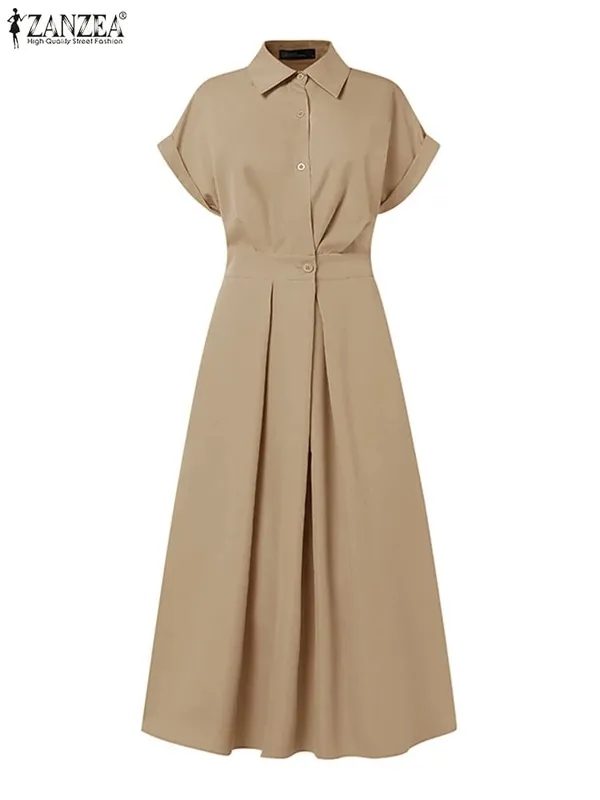 Women Summer OL Work Dress ZANZEA Elegant Short Sleeve Office Sundress Casual Solid A Line Buttons Holiday Vestidos Kaftan Robe
