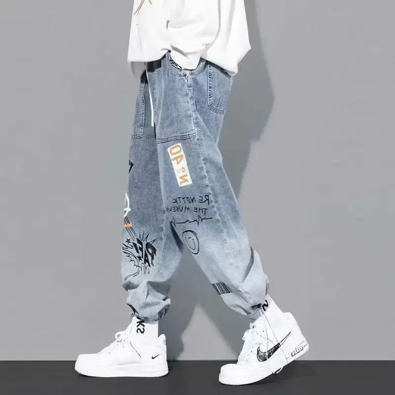 Korean Clothing Men Letter Printed Jeans High Waisted Baggy Jeans Cartoon Graffiti Hip-Hop Pants Blue Jeans