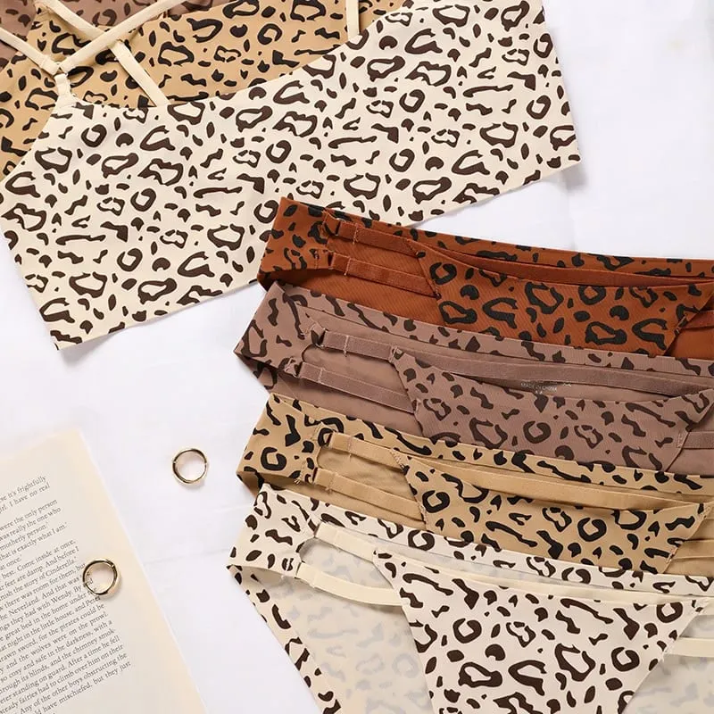 Hot Sale Leopard Ice Silk Bralette Wireless Active Fitness Tracelss Bra Brief Seamless Bra And Panty Set For Women