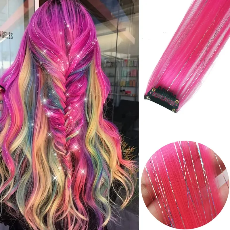 6pcs/pack Colored Party Highlights Clip in Hair Extensions 22 inches Multi-colors Straight Hair Synthetic Hairpieces