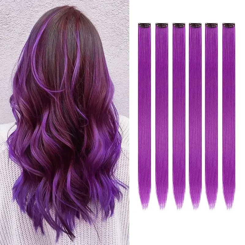 6pcs/pack Colored Party Highlights Clip in Hair Extensions 22 inches Multi-colors Straight Hair Synthetic Hairpieces