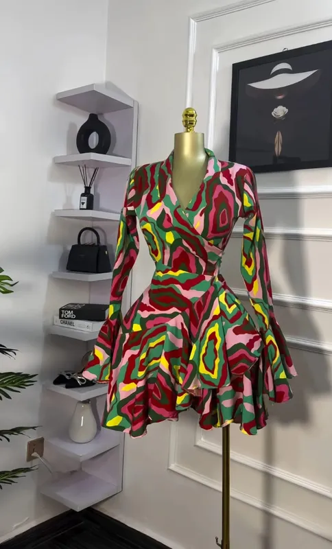 Robe portefeuille à manches longues évasée pour femmes, imprimé Tie and Dye, col en v, avec ceinture, à volants, élégante, robes de fête d'anniversaire, de vacances, 2026