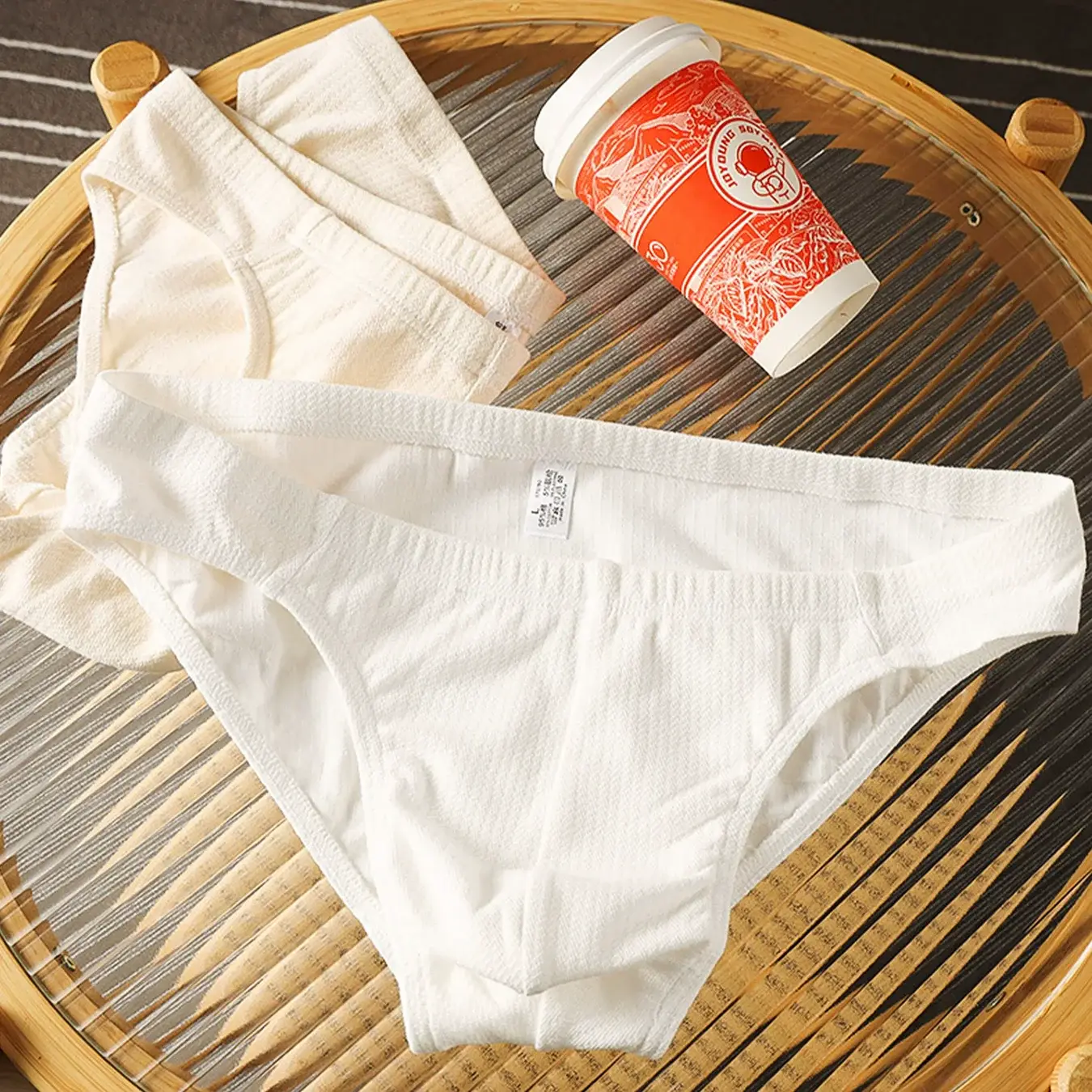 Ensemble 3 pièces de slips texturés en coton taille basse pour hommes, sous-vêtements minimalistes de couleur unie (Beige/blanc/gris clair)